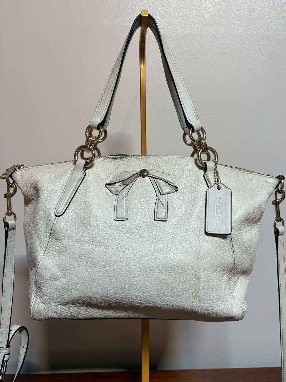 Coach Kelsey chalk White Pebbled Leather Shoulder Tote with Bow Detail